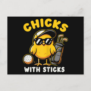 Cartão Postal Pintinhos Com Sticks Golfer Girl Gol