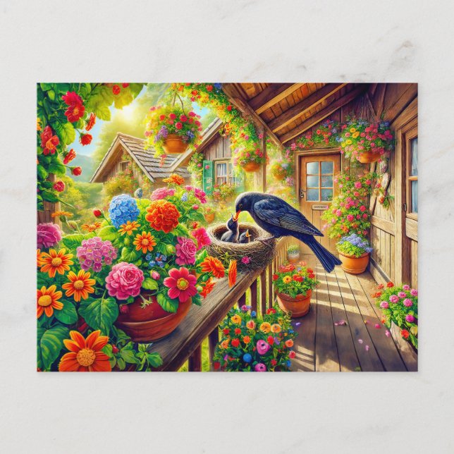 Cartão Postal Pintinhos de alimentação de pássaros negros no nin (Frente)