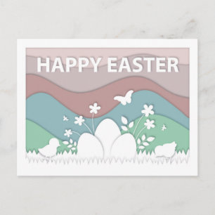 Cartão Postal Pintinhos felzs pascoa e ovos na natureza