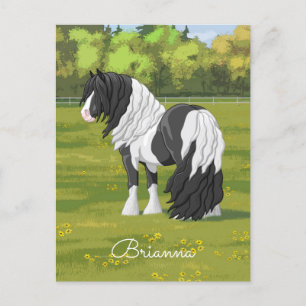 Cartão Postal Pinto Negro Piebald Gypsy Cavalo de Rascunho de Va