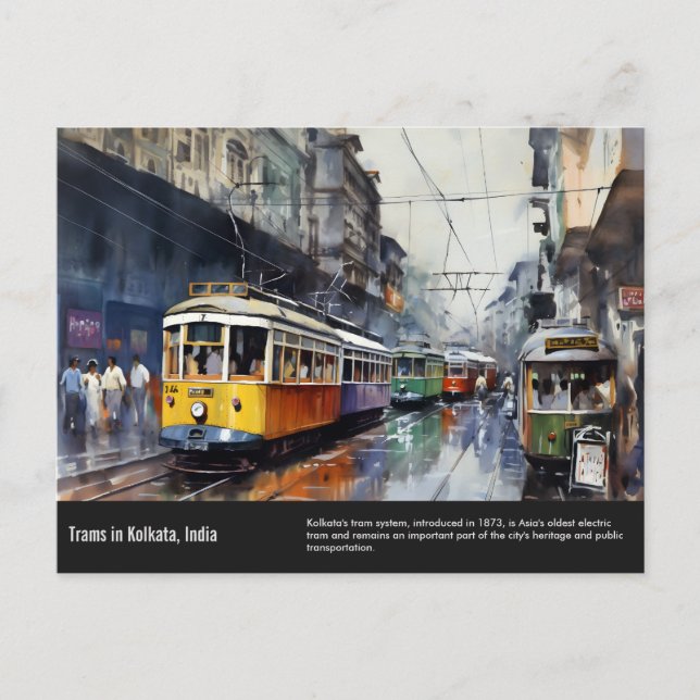 Cartão Postal Pintor de aquarela Kolkata Trams. (Frente)