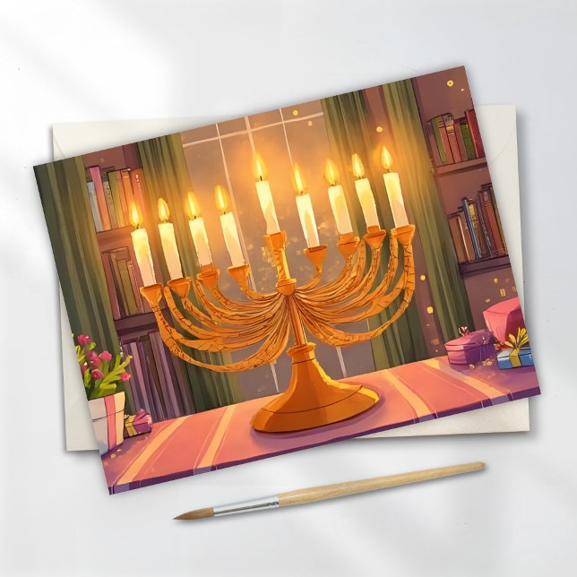 Cartão Postal Pintor de óleo das velas de Hanukkah Menorah (Criador carregado)