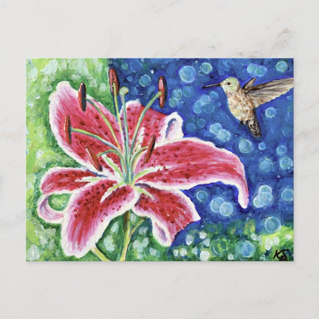Cartão Postal Pintor Hummingbird e Stargazer Lily (Frente)