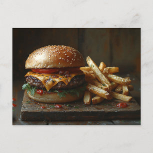 Cartão Postal Pintura a Cheeseburger e Fritas de Alho
