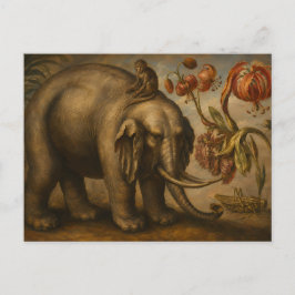 Cartão Postal Pintura a Óleo Botânica de Elefante e Macaco Vinta