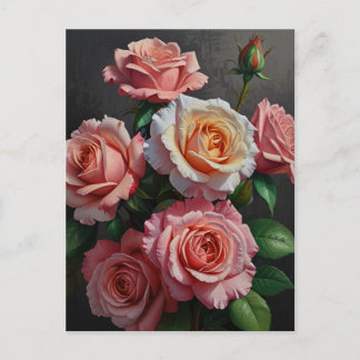 Cartão Postal Pintura a óleo de flores de rosa