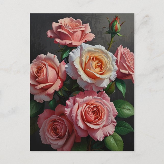 Cartão Postal Pintura a óleo de flores de rosa (Frente)