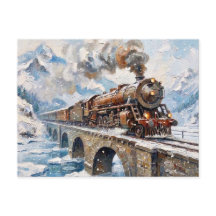 Pintura a Óleo de Trem a Vapor Antigo na Montanha