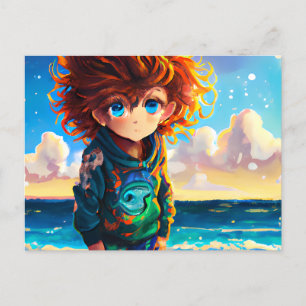 Cartão Postal Pintura a Óleo de um Menino Anime com Cabelo Ruivo