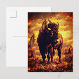 Cartão Postal Pintura a óleo majestosa de bisão - Pôr do sol na