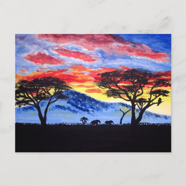 Cartão Postal Pintura Afro-Sunset Safari Animal Silhouter (Frente)