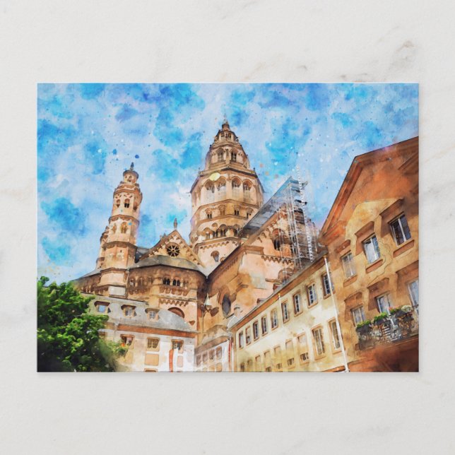 Cartão Postal Pintura aquosa da Catedral de Mainz, na Alemanha. (Frente)