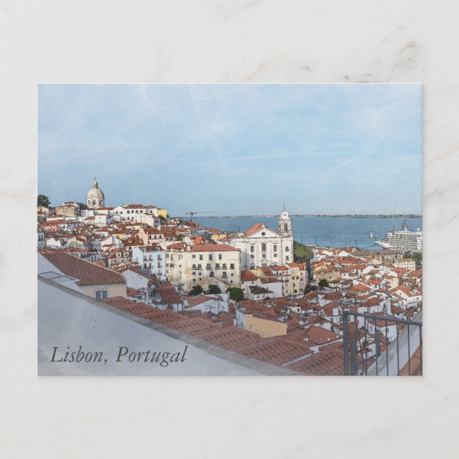 Cartão Postal Pintura aquosa do distrito de Alfama em Lisboa (Frente)