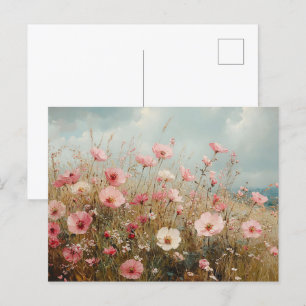 Cartão Postal Pintura Cena de Flores Vermelhos Cor-de-Rosa