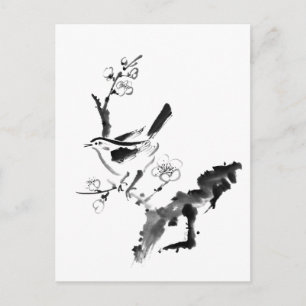 Cartão Postal Pintura chinesa, flor de ameixa e aves