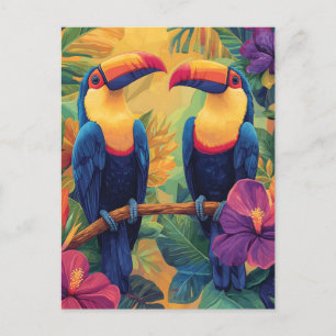 Cartão Postal Pintura com tucano vibranteAves tropicais no paraí