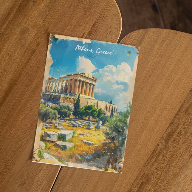 Cartão Postal Pintura da Acrópole Grécia Atenas (athens greece acropolis postcard)