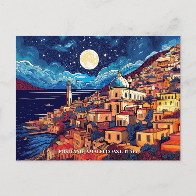 Cartão Postal Pintura da Costa do Positano Amalfi Itália Art Via (Frente)