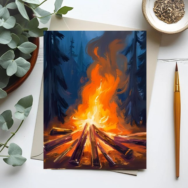 Cartão Postal Pintura da Floresta de Aquarela de Campfire (Criador carregado)