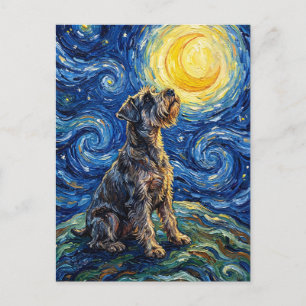 Cartão Postal Pintura da Noite Estrelada com Schnauzer