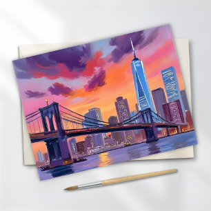 Cartão Postal Pintura da Ponte do Horizonte de Nova York a Aguar