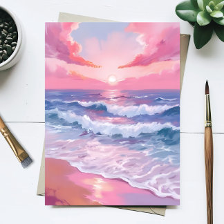 Cartão Postal Pintura da Praia da Costa do Oceano Rosa