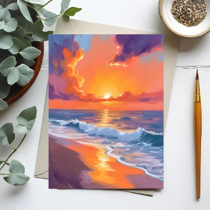Cartão Postal Pintura da Praia do Pôr do Sol Laranja da Hora Dou