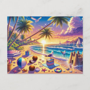 Cartão Postal Pintura da Praia Tropical ao Pôr do Sol