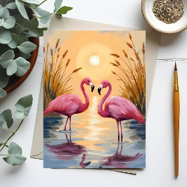 Cartão Postal Pintura de Animais Pôr do Sol Flamingos Rosa