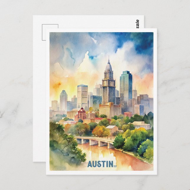 Cartão Postal Pintura de Aquarela da Cidade de Austin (Frente/Verso)