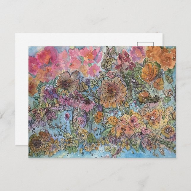 Cartão Postal Pintura de Aquarela de Jardim Flor Boho (Frente/Verso)