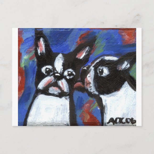 Cartão Postal Pintura de beijo de amor de Boston Terrier (Frente)