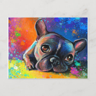Cartão Postal Pintura de Bulldog Francês e Bonita Svetlana Novi