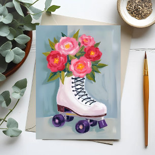 Cartão Postal Pintura de Buquê de Rosas de Patins de Rodas