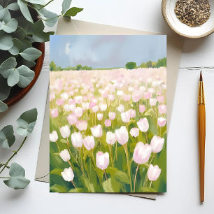 Cartão Postal Pintura de Campo de Flores de Tulipas Brancas