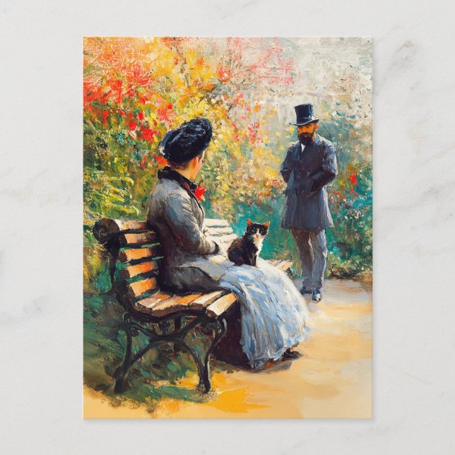 Cartão Postal Pintura de Casal no Jardim com Cat no Lap (Frente)