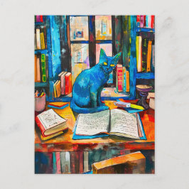 Cartão Postal pintura de Cat entre Livros Abertos