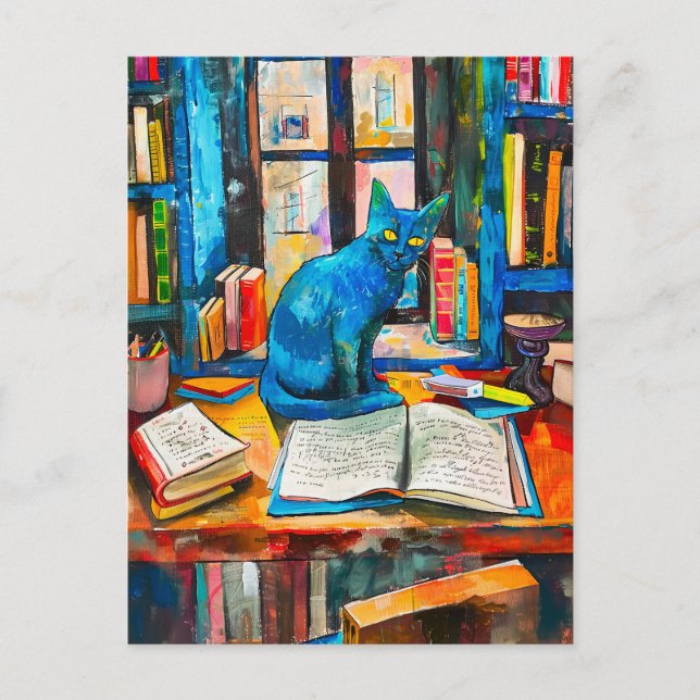 Cartão Postal pintura de Cat entre Livros Abertos (Frente)