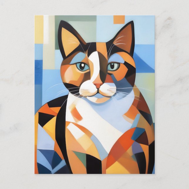 Cartão Postal Pintura de Composição de Gato Calico Cubista (Frente)