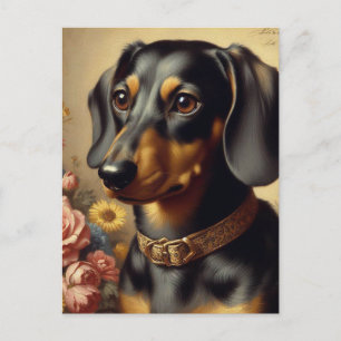 Cartão Postal Pintura de Dachshund Vintage Fofo