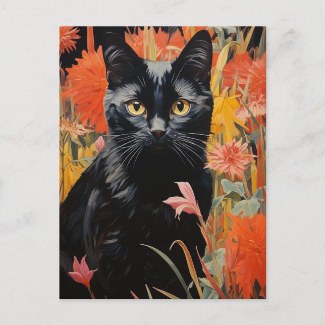 Cartão Postal Pintura de Flor de Gato Preto (Frente)