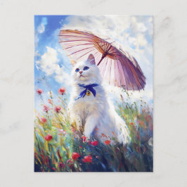 Cartão Postal Pintura de Gato Branco com Parasol em Campo de Pip