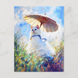 Cartão Postal Pintura de Gato Branco com Parasol em Campo de Pip