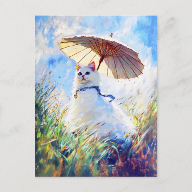 Cartão Postal Pintura de Gato Branco com Parasol em Campo de Pip (Frente)