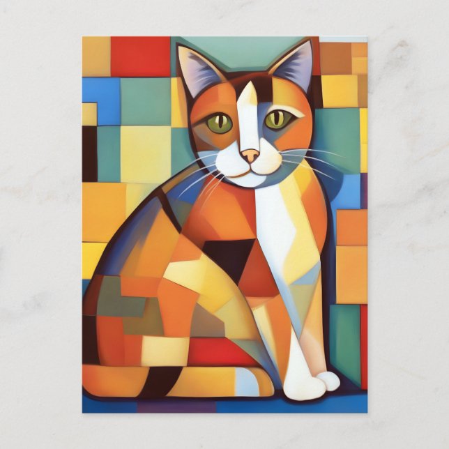 Cartão Postal Pintura de Gato Calico Cubist Felino (Frente)