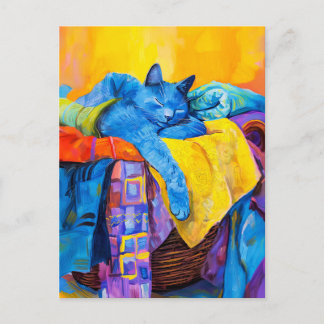 Cartão Postal Pintura de Gato Dormindo na Pilha de Lavanderia