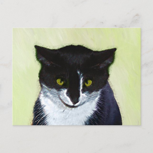 Cartão Postal Pintura de Gato Tuxedo - Arte de Gato Original Cus (Frente)