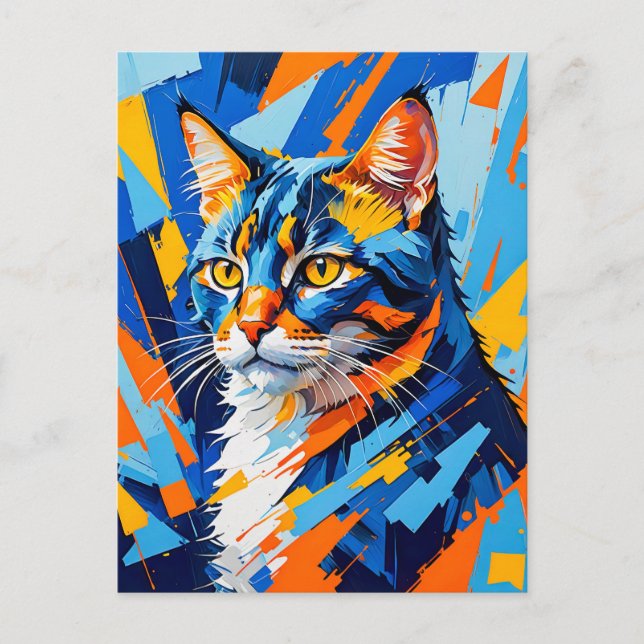 Cartão Postal Pintura de Gato Vívido Cubista (Frente)