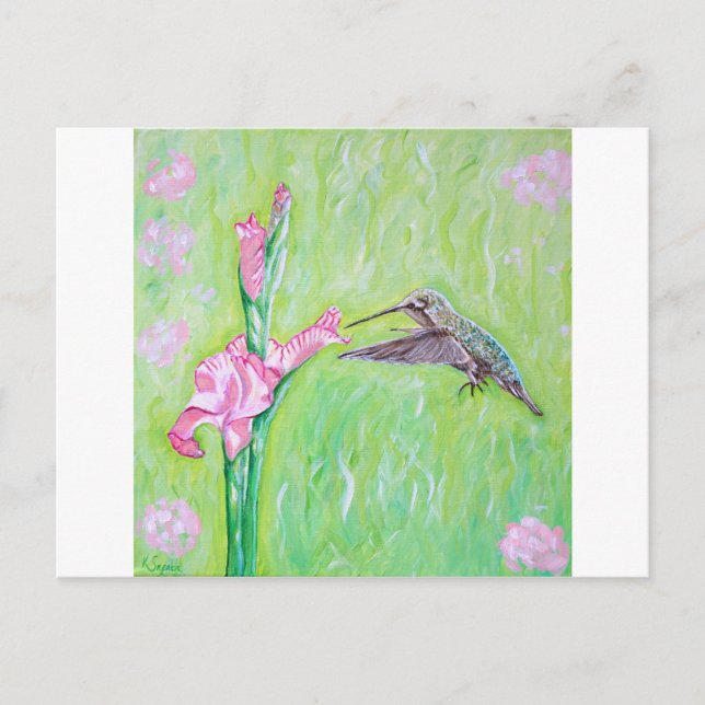 Cartão Postal Pintura de Hummingbird e Gladioli (Frente)