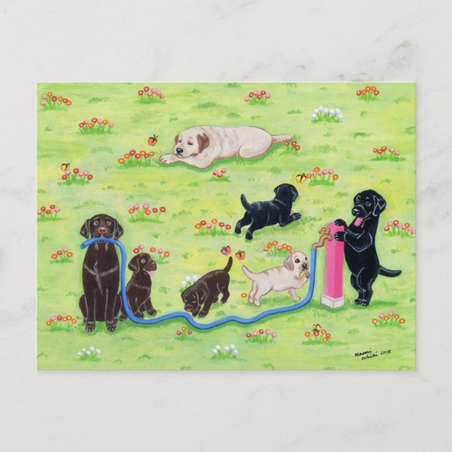 Cartão Postal Pintura de Labradores de Diversão primavera (Frente)